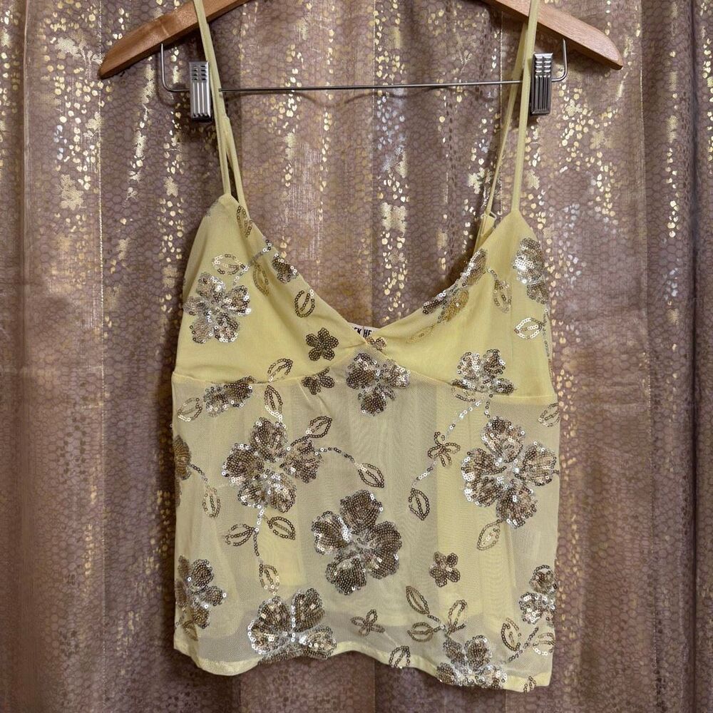 Derek Heart Light Yellow Silver Floral Sequin Crop Cami Top XL Juniors NWT